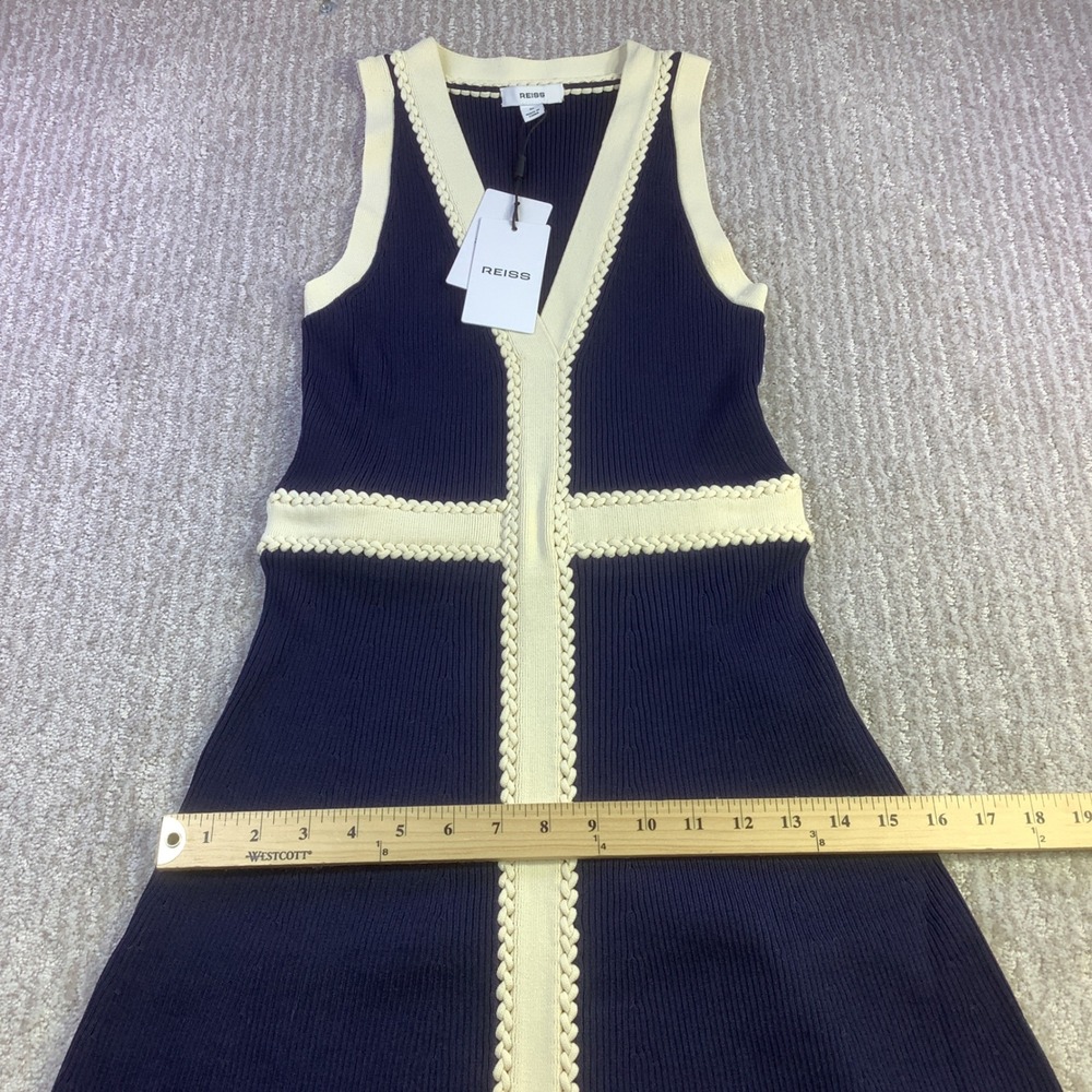 Reiss Lou-Craft Detail Knitted Navy Blue Cream V-Neck Maxi Dress Size M NWT - Picture 13 of 14